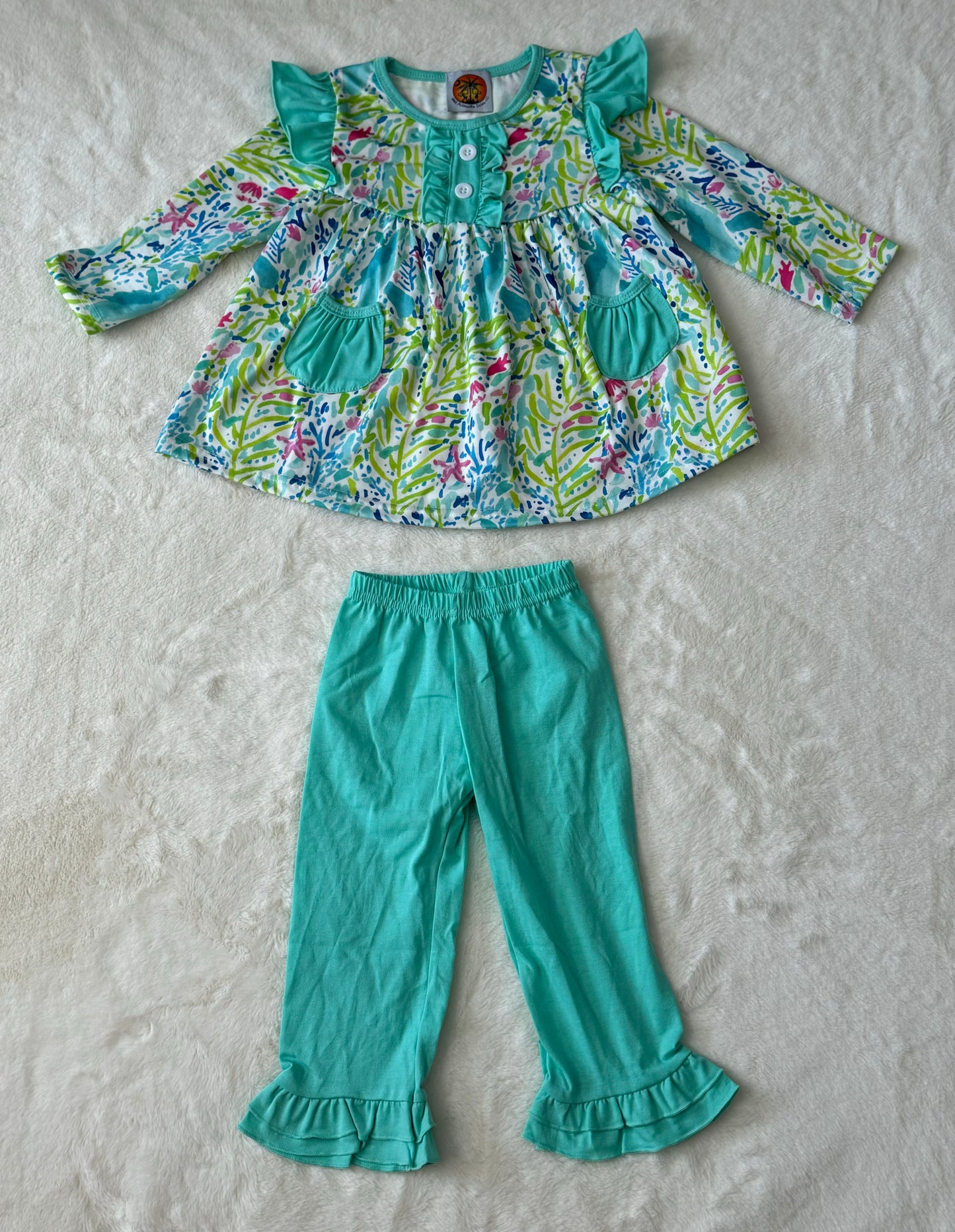 Green Floral Print Pocket Shirt and Pants Set