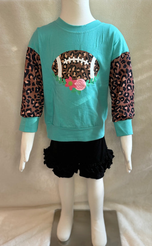 Teal Leopard Print Football Long Sleeve Shirt