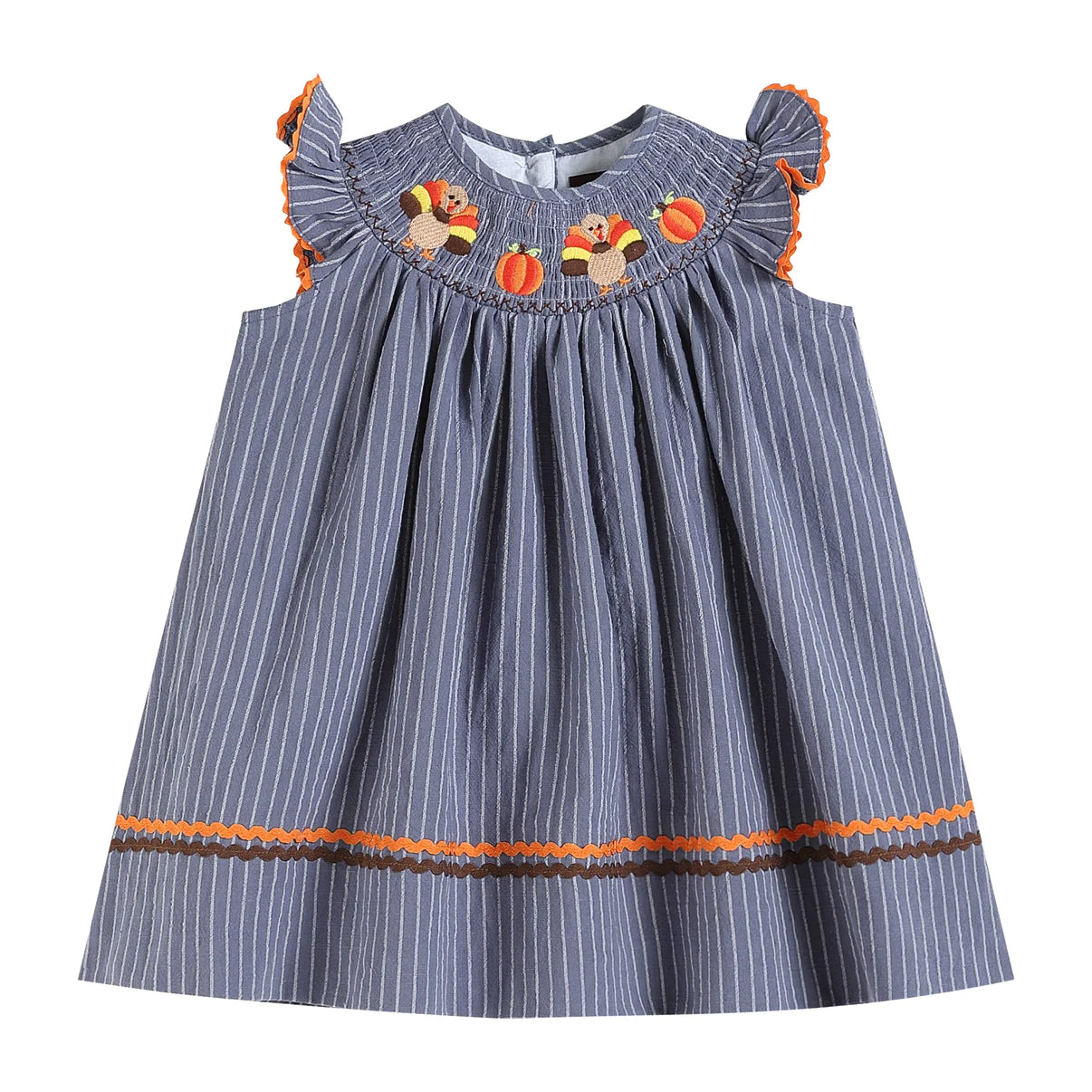 Gray Blue Smocked Turkey and Pumpkin Thanksgiving Dress