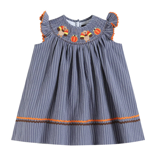 Gray Blue Smocked Turkey and Pumpkin Thanksgiving Dress