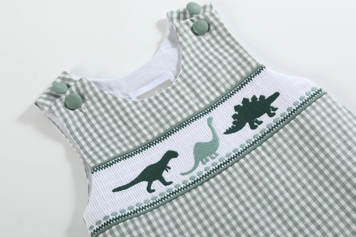 Green Gingham Dinosaur Smocked Shortalls