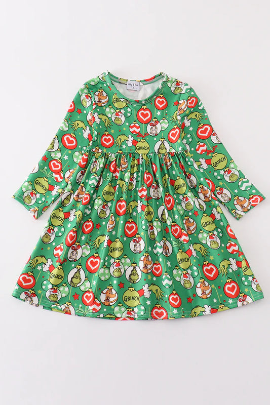 Green Grinch Print Girl Ruffle Dress