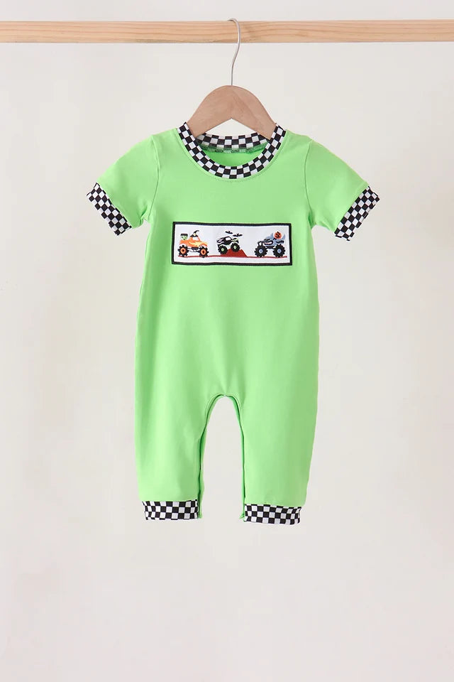 Green Monster Truck Embroidered Checkered Romper