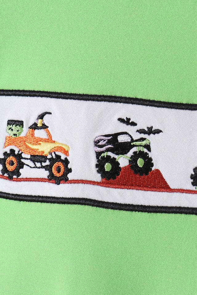 Green Monster Truck Embroidered Checkered Romper