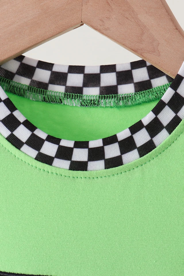 Green Monster Truck Embroidered Checkered Romper
