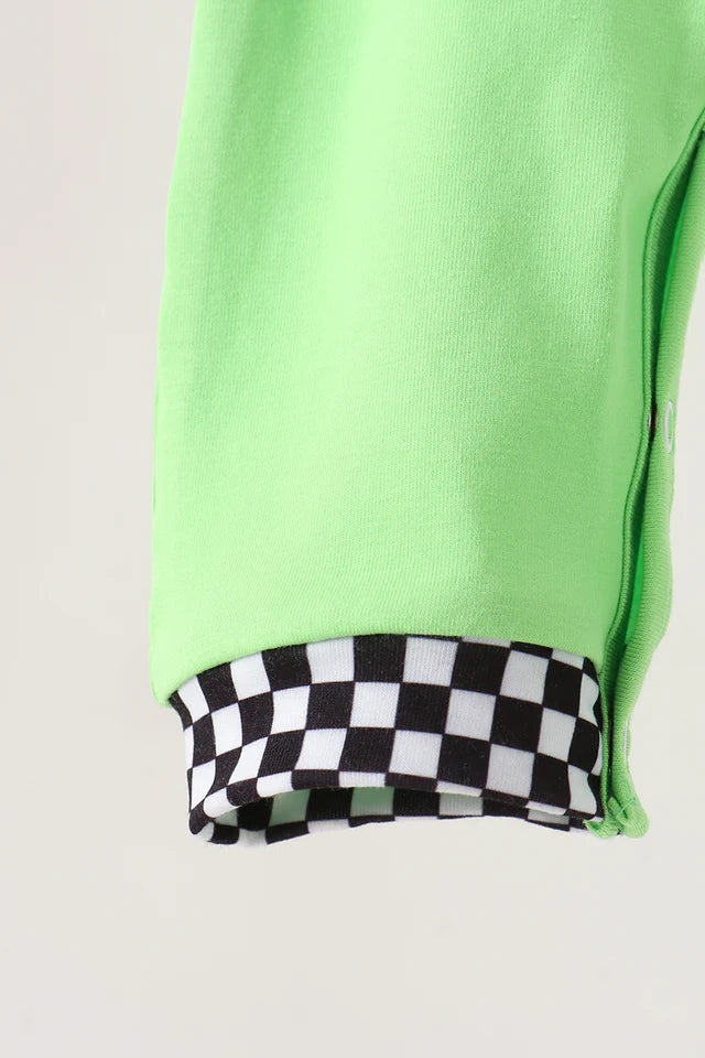 Green Monster Truck Embroidered Checkered Romper