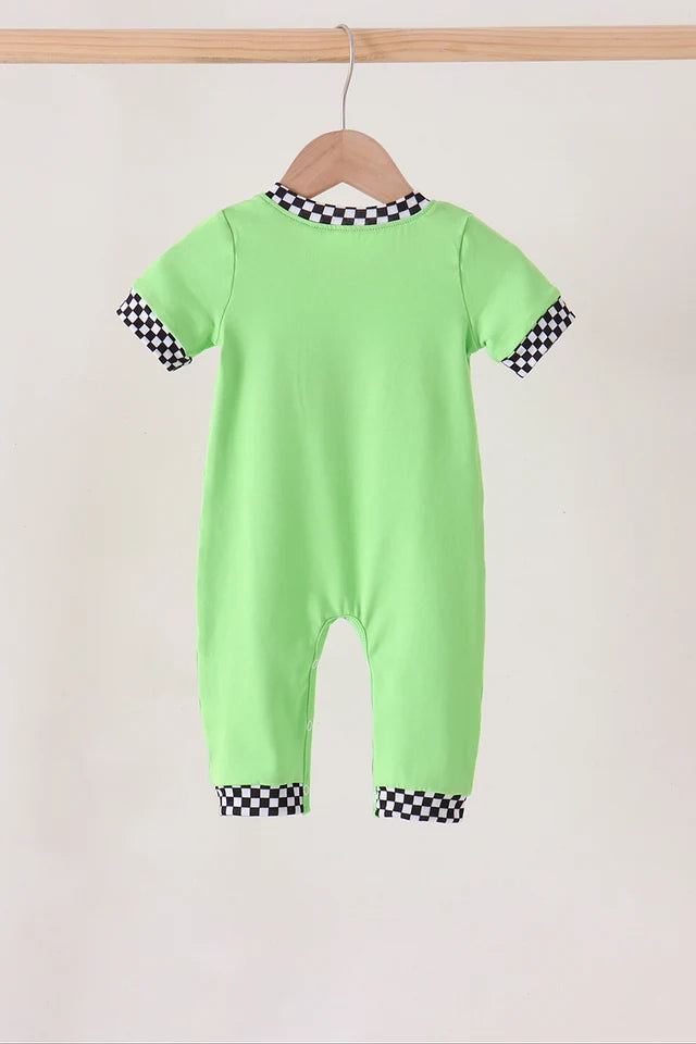 Green Monster Truck Embroidered Checkered Romper