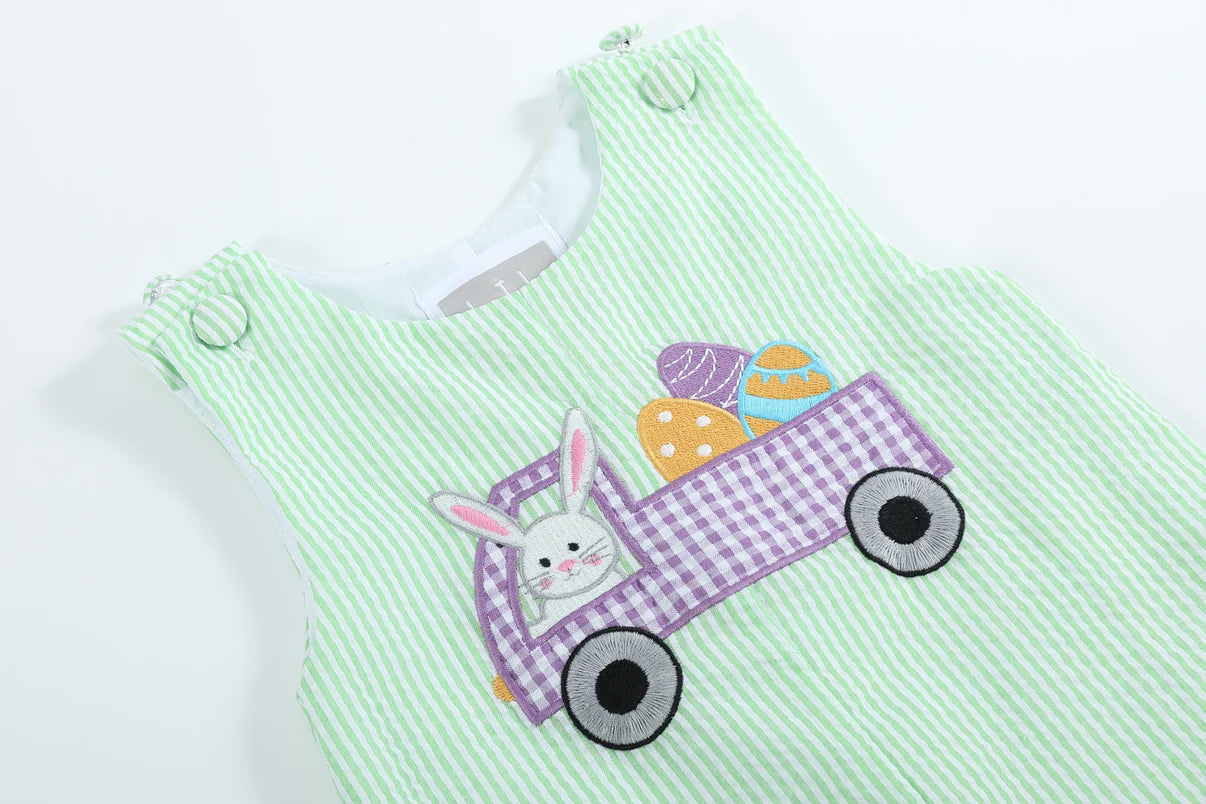 Green Seersucker Bunny Truck Shortalls