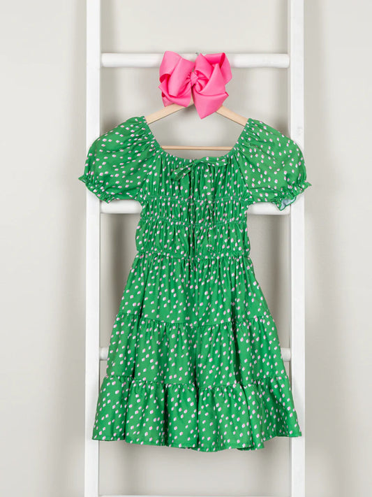 Green Smocked Floral Puff Sleeve Dress