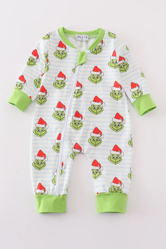 Green Stripe Christmas Grinch Zipper Pajamas