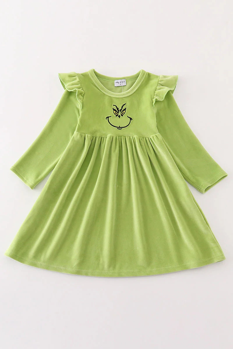 Green Velvet Christmas Character Embroidery Dress