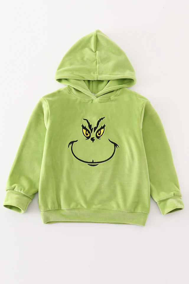 Green Velvet Christmas Character Embroidery Girl Hoodie