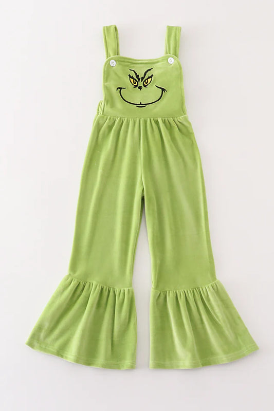 Green Velvet Christmas Character Embroidery Girl Jumpsuit