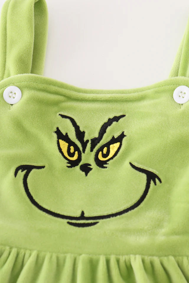 Green Velvet Christmas Character Embroidery Girl Jumpsuit