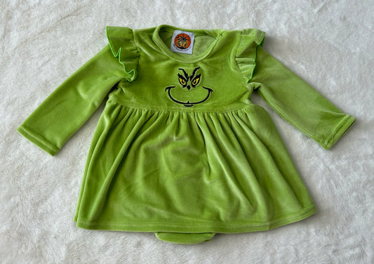 Green Velvet Christmas Character Embroidery Girl Romper