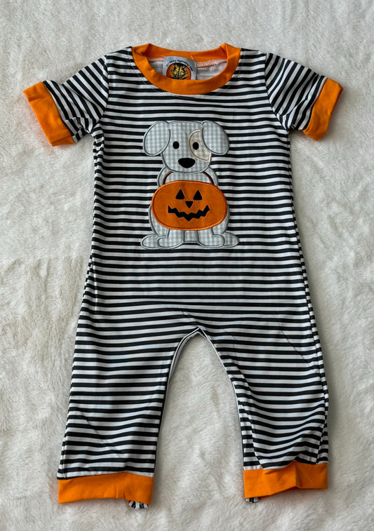 Halloween Pumpkin Puppy Applique Boys Romper