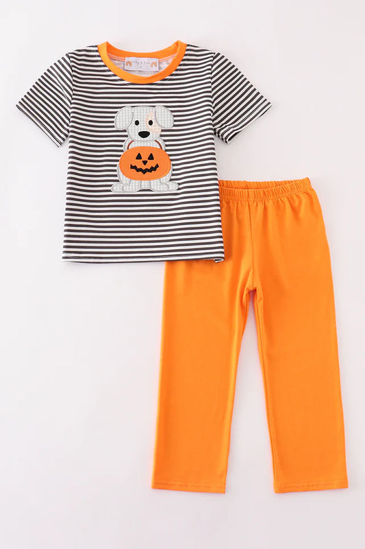 Halloween Pumpkin Puppy Applique - Boys Shirt and Pants Set