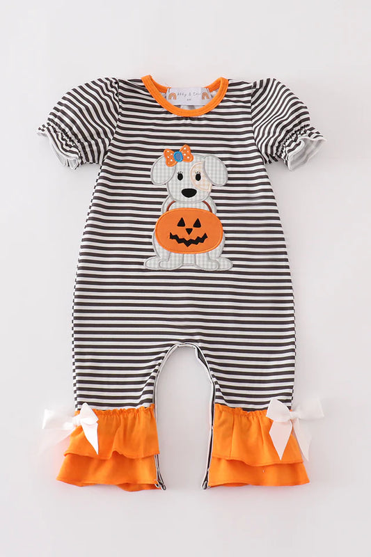 Halloween Pumpkin Puppy Girls Ruffle Romper