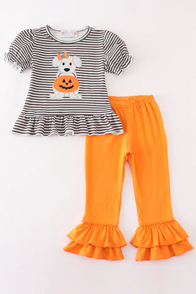 Halloween Pumpkin Puppy Girls Ruffle Shirt and Pants Set