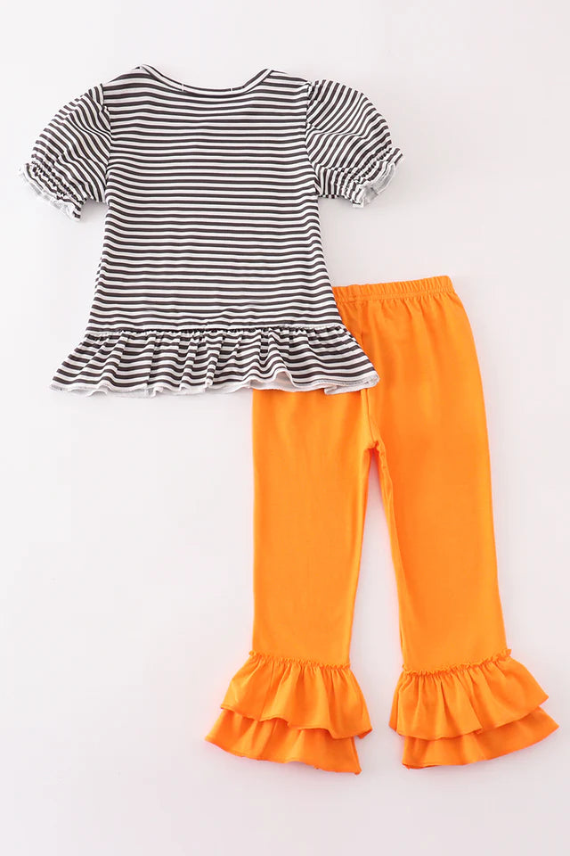 Halloween Pumpkin Puppy Girls Ruffle Shirt and Pants Set