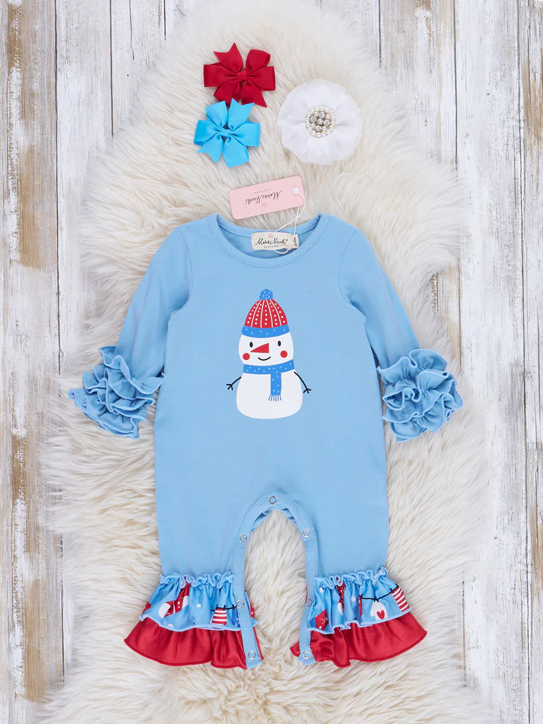 Light Blue Mr. Snowman Ruffle Romper