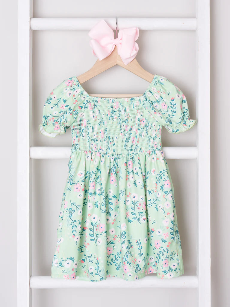 Mom & Me Mint Smocked Floral Puff Sleeve Dress - (Girls)