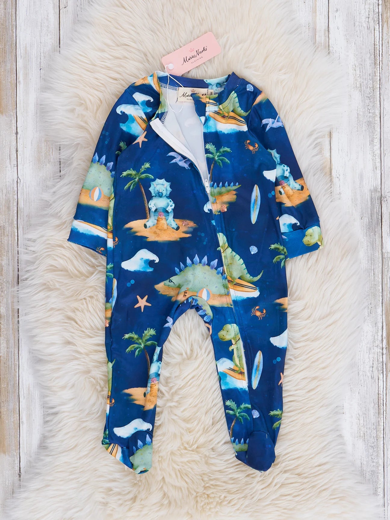 Navy Beach Dinosaur Footed Sleeper Pajamas