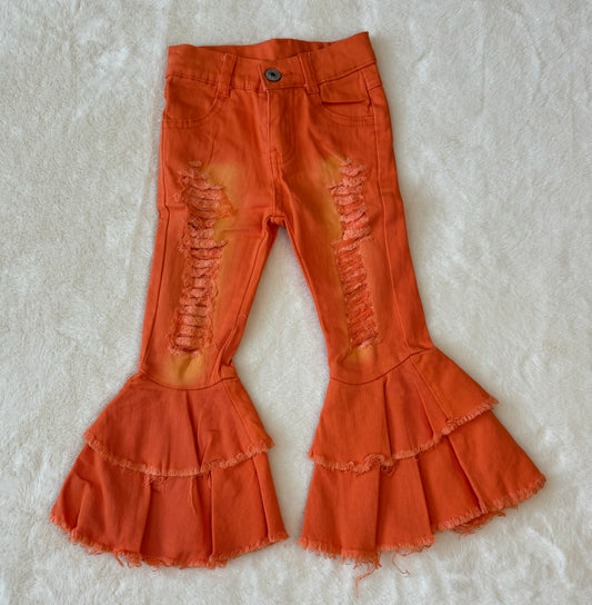 Distressed Orange Double Layered Denim Jeans