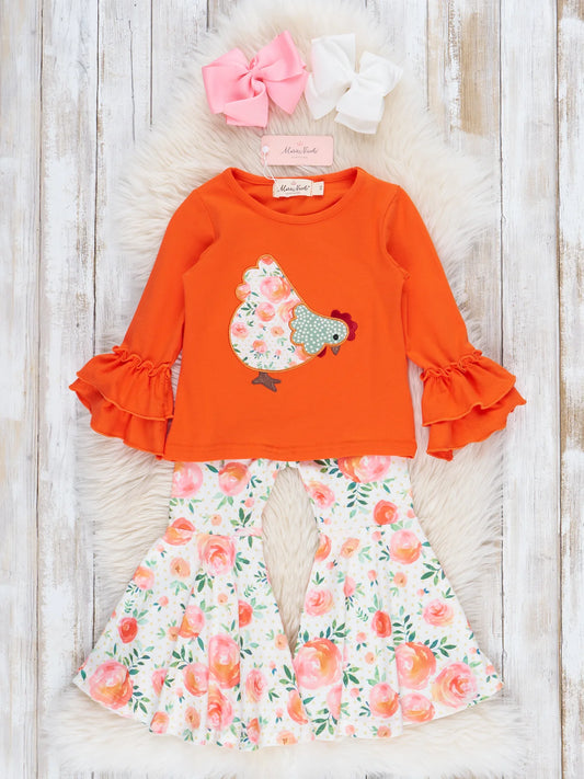 Orange Ruffle Floral Chicken Bell Bottom Outfit