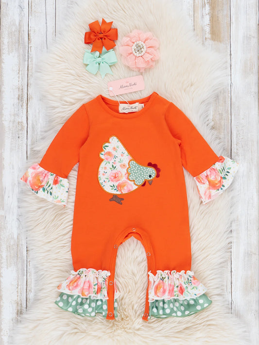 Orange Ruffle Floral Chicken Romper