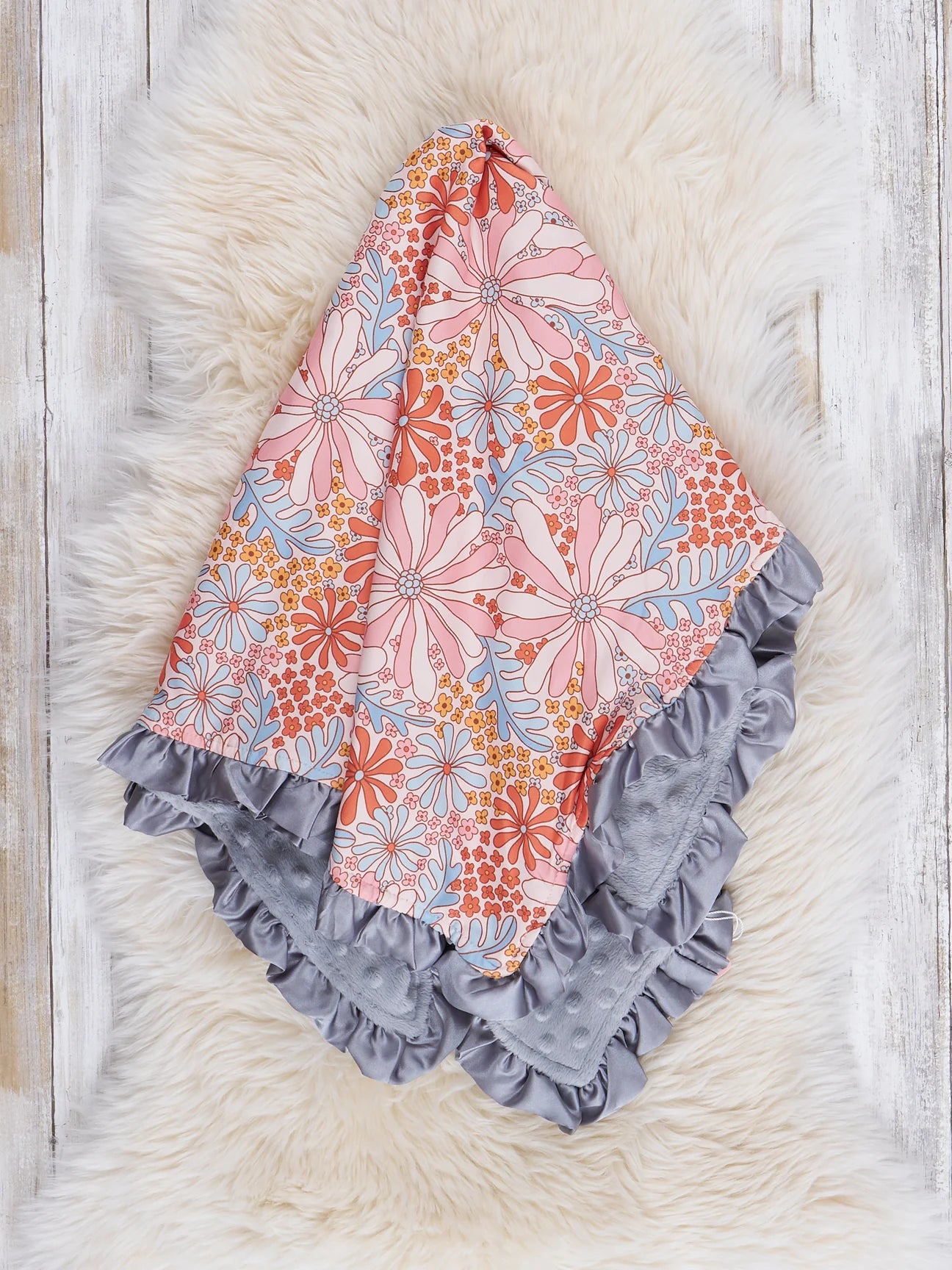 Orange and Grey Wildflowers Ruffle Minky Blanket