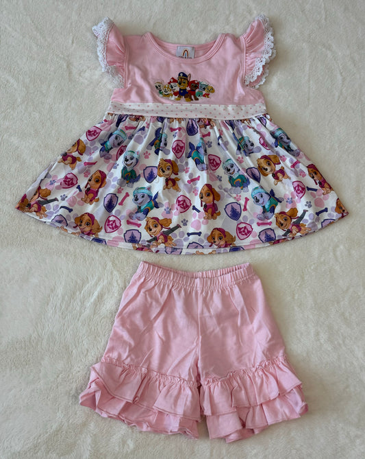 Pink Dog Character Embroidery Girl Set