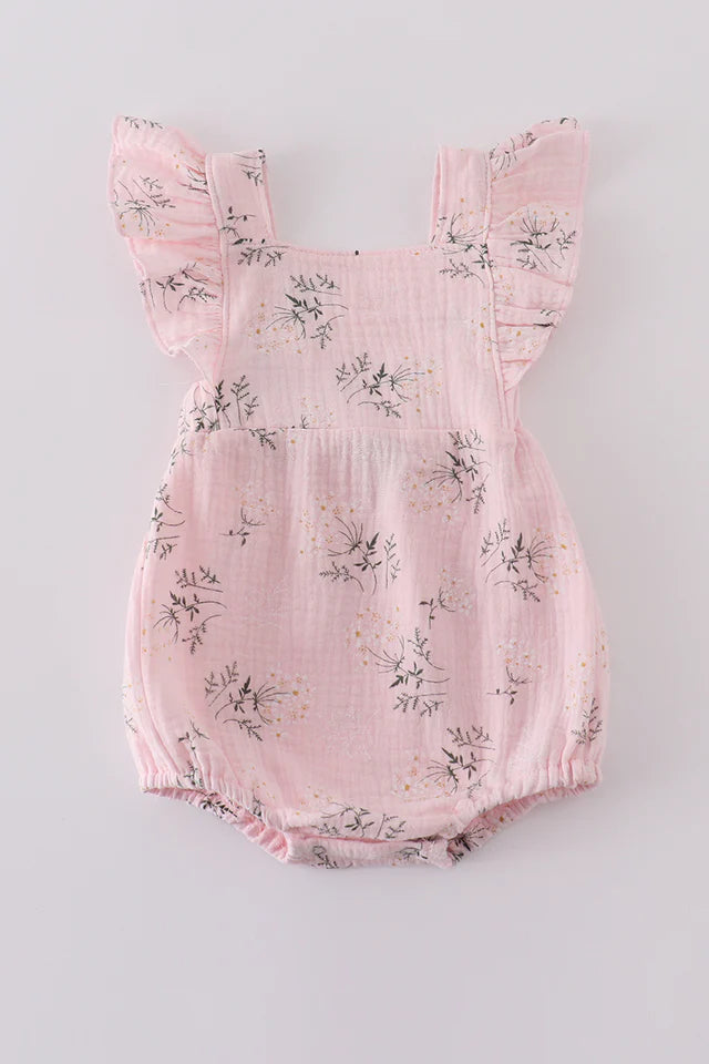 Pink Floral Print Muslin Girl Ruffle Bubble