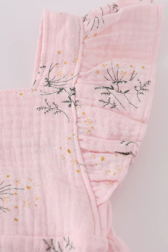 Pink Floral Print Muslin Girl Ruffle Bubble
