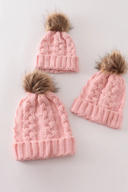 Pink Pompom Cable Beanie - Adults