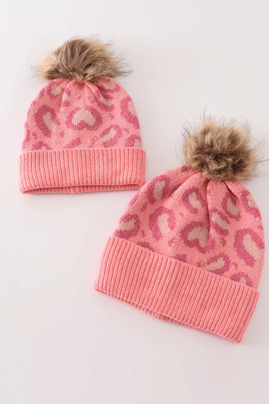 Pink Pompom Leopard Cable Beanie Hat