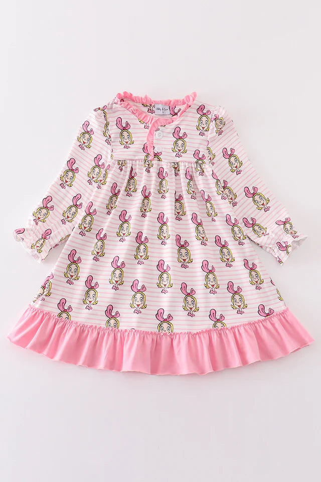 Pink Stripe Character Print Girl Gown