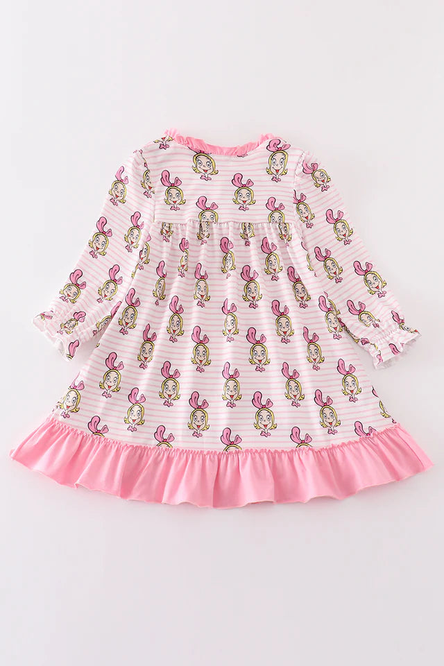 Pink Stripe Character Print Girl Gown