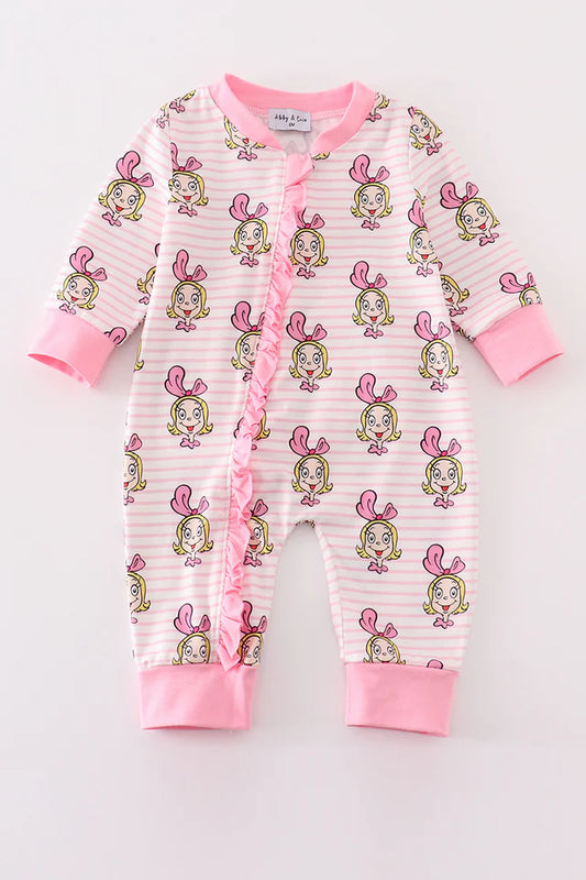 Pink Stripe Character Print Zipper Girl Pajamas