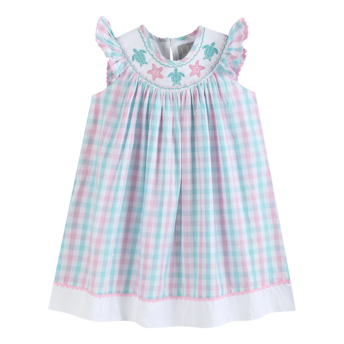 Pink and Turquoise Gingham Turtle Smocked Bishop Dress