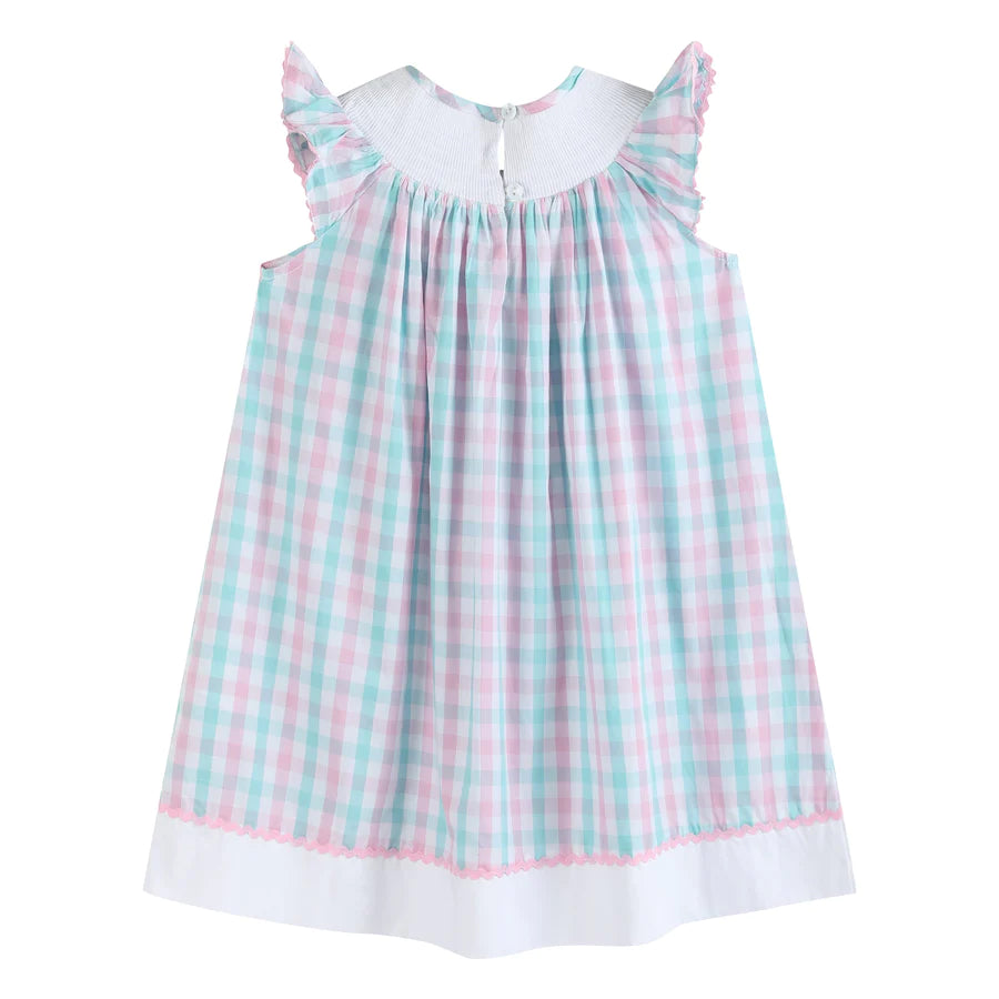 Pink and Turquoise Gingham Turtle Smocked Bishop Dress