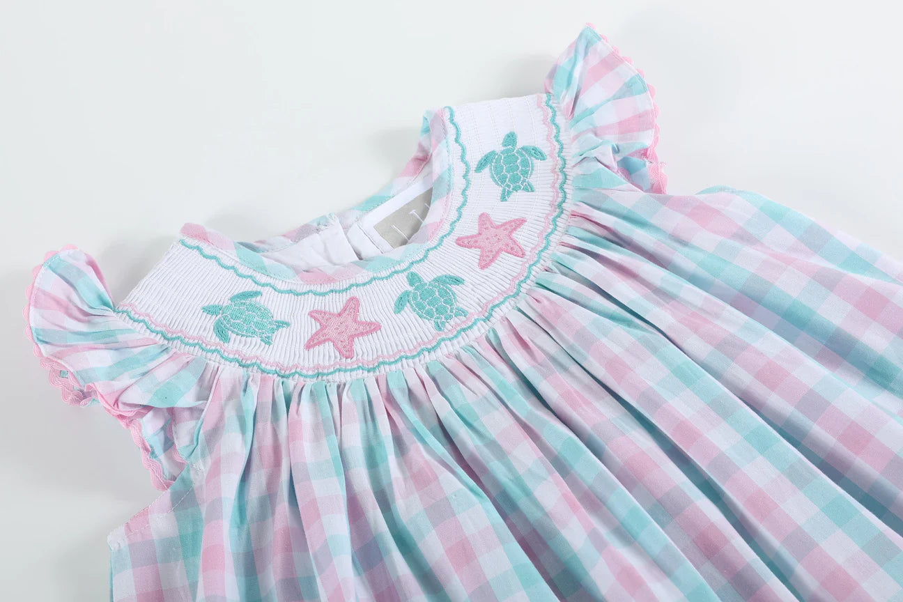 Pink and Turquoise Gingham Turtle Smocked Bishop Dress