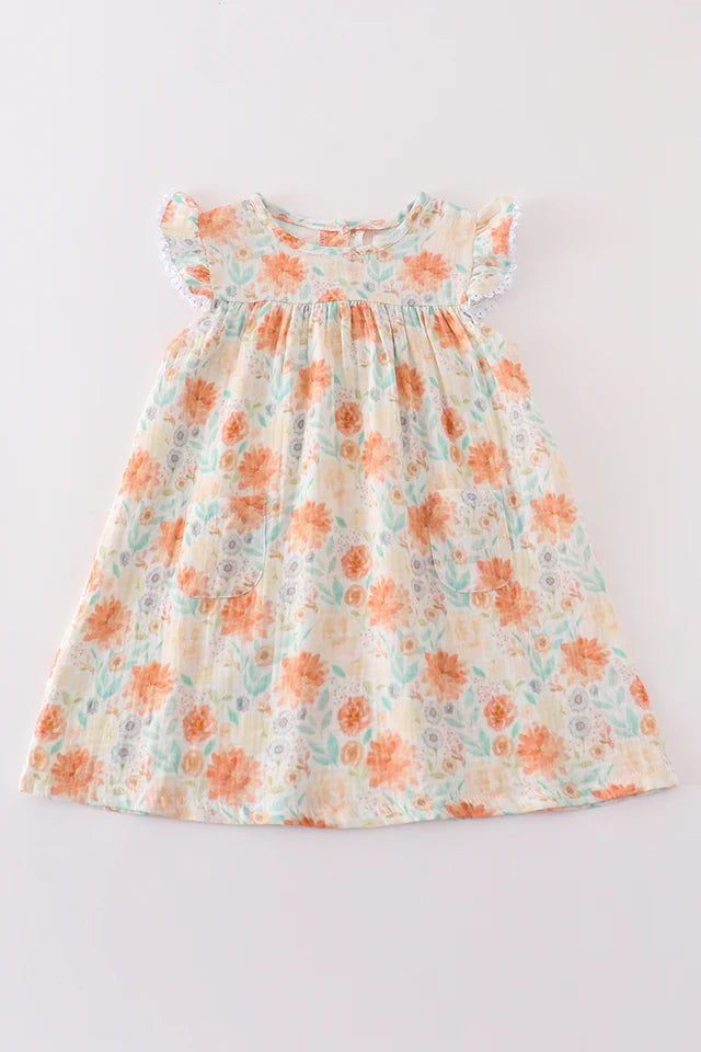 Premium Floral Leaves Muslin Ruffle Dress