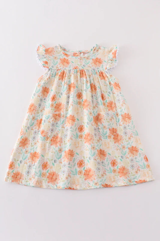 Premium Floral Leaves Muslin Ruffle Dress
