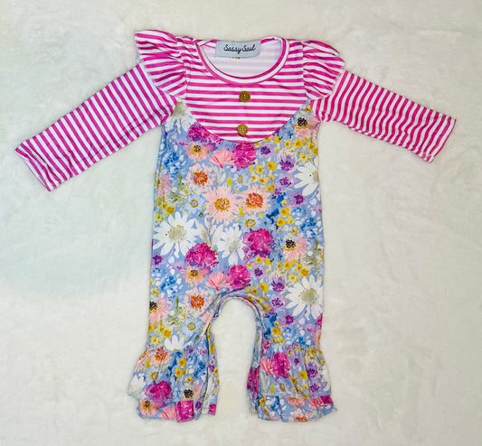 Floral Stripe Ruffle Romper