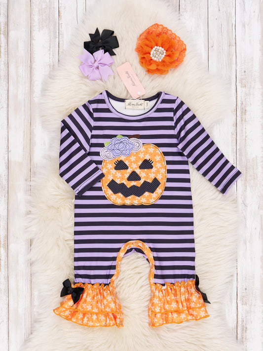 Purple Stripe Embroidered Pumpkin Romper