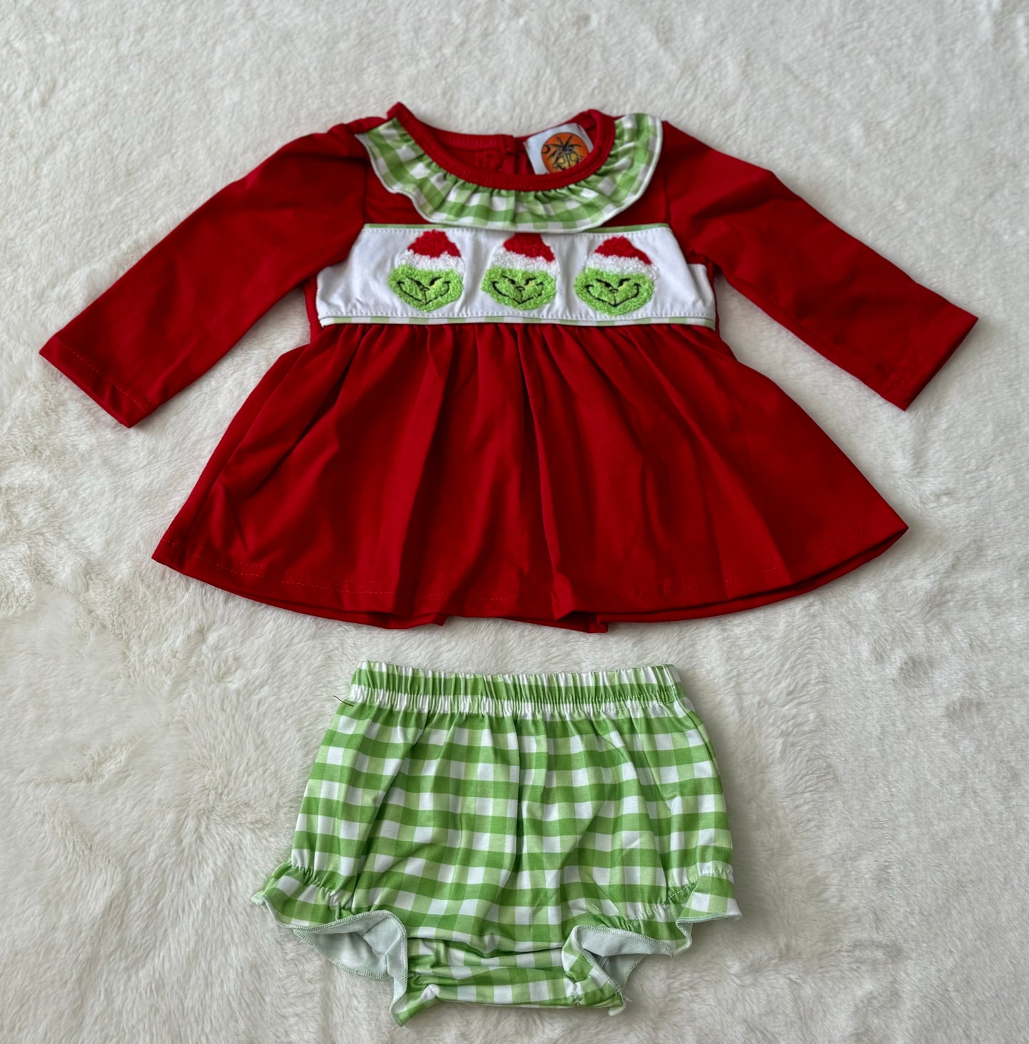 Red Christmas Grinch French Knot Girl Diaper Set