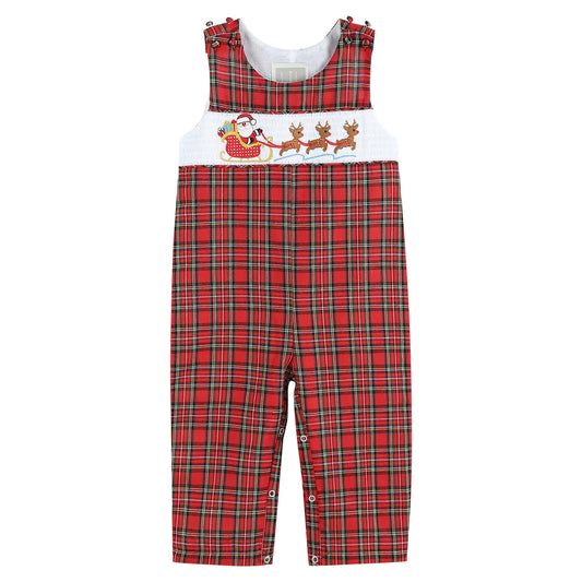 Red Christmas Plaid Santa Sleigh Smocked Overalls