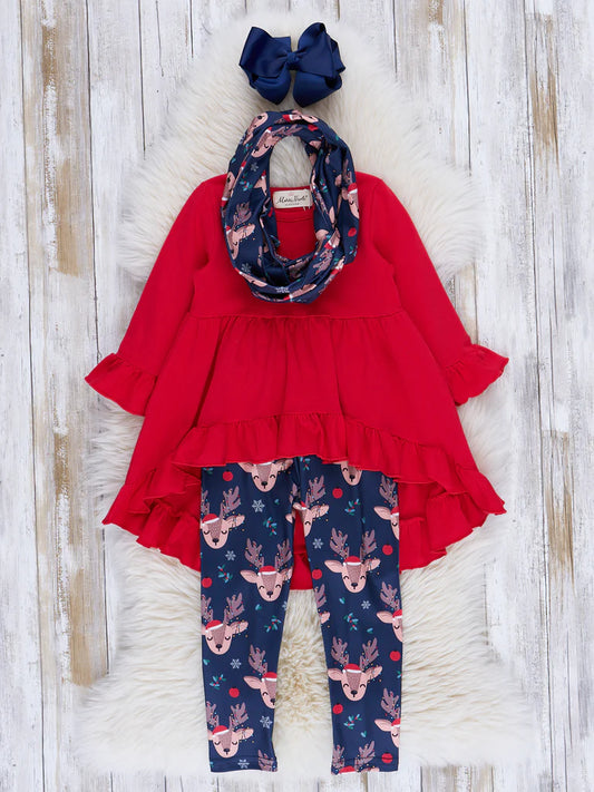 Red and Blue Reindeer Ruffle Outfit With Scarf