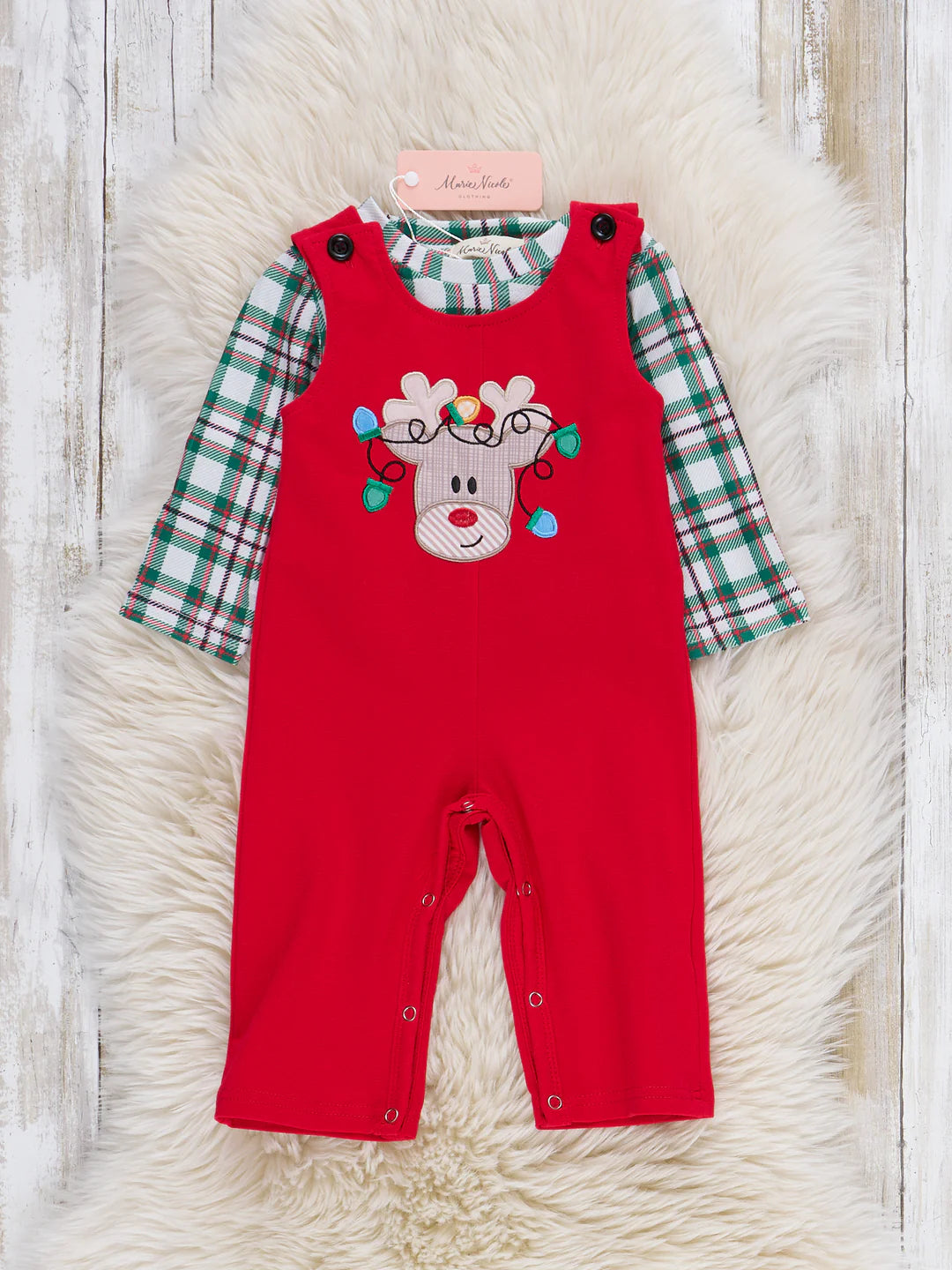 Reindeer Lights Embroidered Overall Romper Set